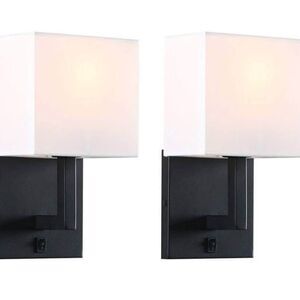 PERMO Black Single Wall Sconce Light Fixture Set of 2 with White Textile Shades